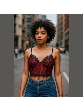 Romwe Women’s Large Red Black Lace Bustier Crop Top Underwire Sheer Mesh adjust